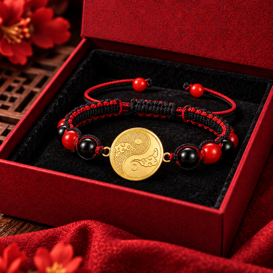 Gold-Toned Yin-Yang Red and Black Woven Cord Adjustable Bracelet