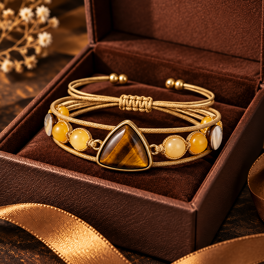 Gold-Toned Triangle Tiger's Eye and Woven Cord Adjustable Bracelet