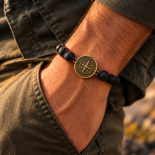 Antiqued Bronze-Toned Compass and Black Lava Stone Woven Cord Adjustable Bracelet