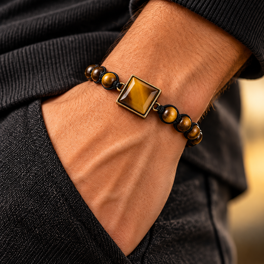 Black Woven Cord and Square Tiger's Eye Adjustable Bracelet