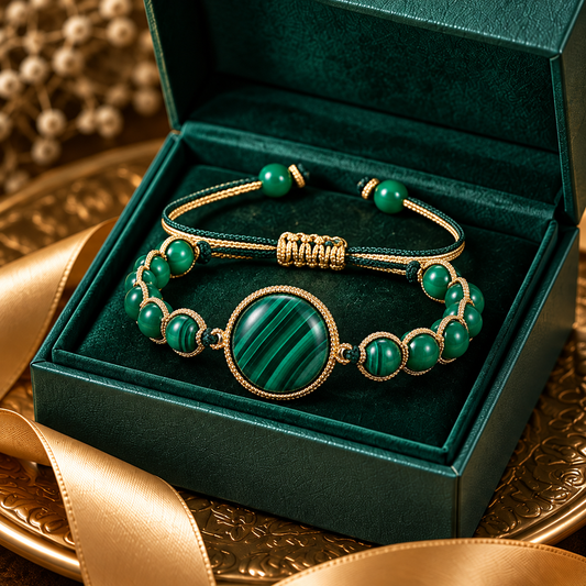 Gold-Toned Woven Cord and Green Banded Stone Adjustable Bracelet