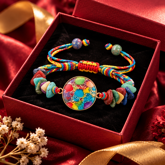 Multi-Colored Woven Cord and Mosaic Stone Adjustable Bracelet