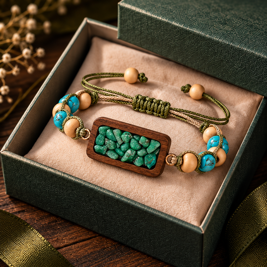 Olive Green Woven Cord Wood and Turquoise Stone Adjustable Bracelet