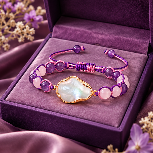 Rose Gold-Toned Mother-of-Pearl and Purple Stone Woven Cord Adjustable Bracelet