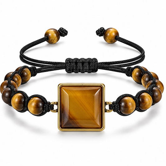 Black Woven Cord and Square Tiger's Eye Adjustable Bracelet