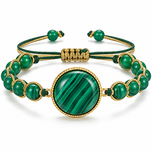 Gold-Toned Woven Cord and Green Banded Stone Adjustable Bracelet