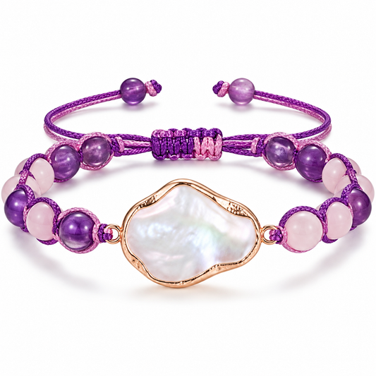 Rose Gold-Toned Mother-of-Pearl and Purple Stone Woven Cord Adjustable Bracelet