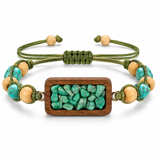 Olive Green Woven Cord Wood and Turquoise Stone Adjustable Bracelet