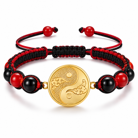 Gold-Toned Yin-Yang Red and Black Woven Cord Adjustable Bracelet