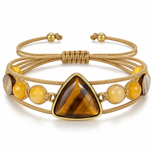 Gold-Toned Triangle Tiger's Eye and Woven Cord Adjustable Bracelet