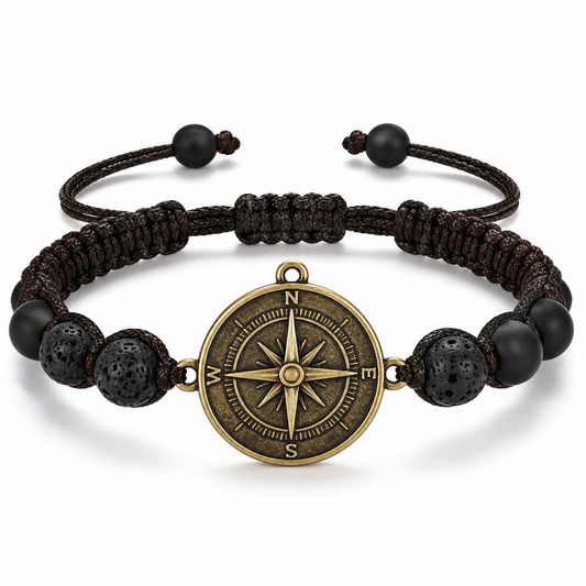 Antiqued Bronze-Toned Compass and Black Lava Stone Woven Cord Adjustable Bracelet